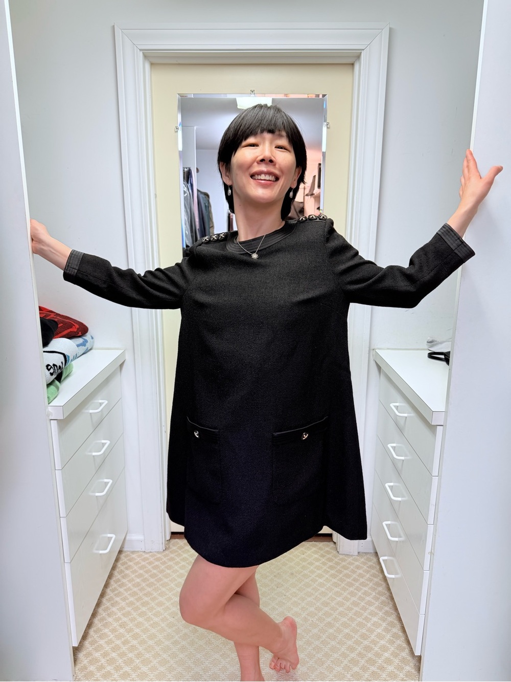 NWOT Edward Achour Classic Black Long-Sleeve Shift Dress, Size FR 38 = US 6